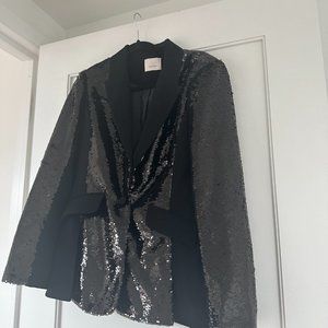 Cinq à Sept Sequins Blazer Jacket Complementary Satin Lapel Collar Black